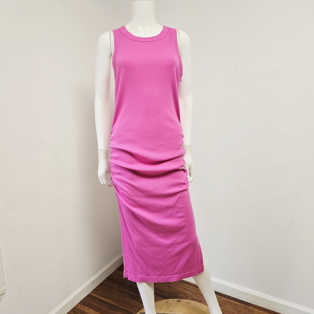 Michael Stars Wren Dress Large Stretchy Ruched Sides Slit Midi Sleeveless Mystic